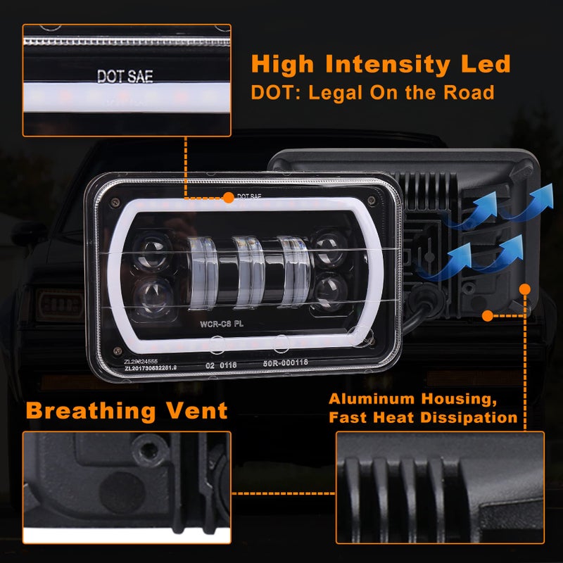 MOVOTOR Off Road 4x6 Led Headlights with White/Yellow Halo Seal Beam H4651 H4656 H6545 H4668 Replacement Headlights for Ford Kenworth Peterbilt Semi Truck - Image 3